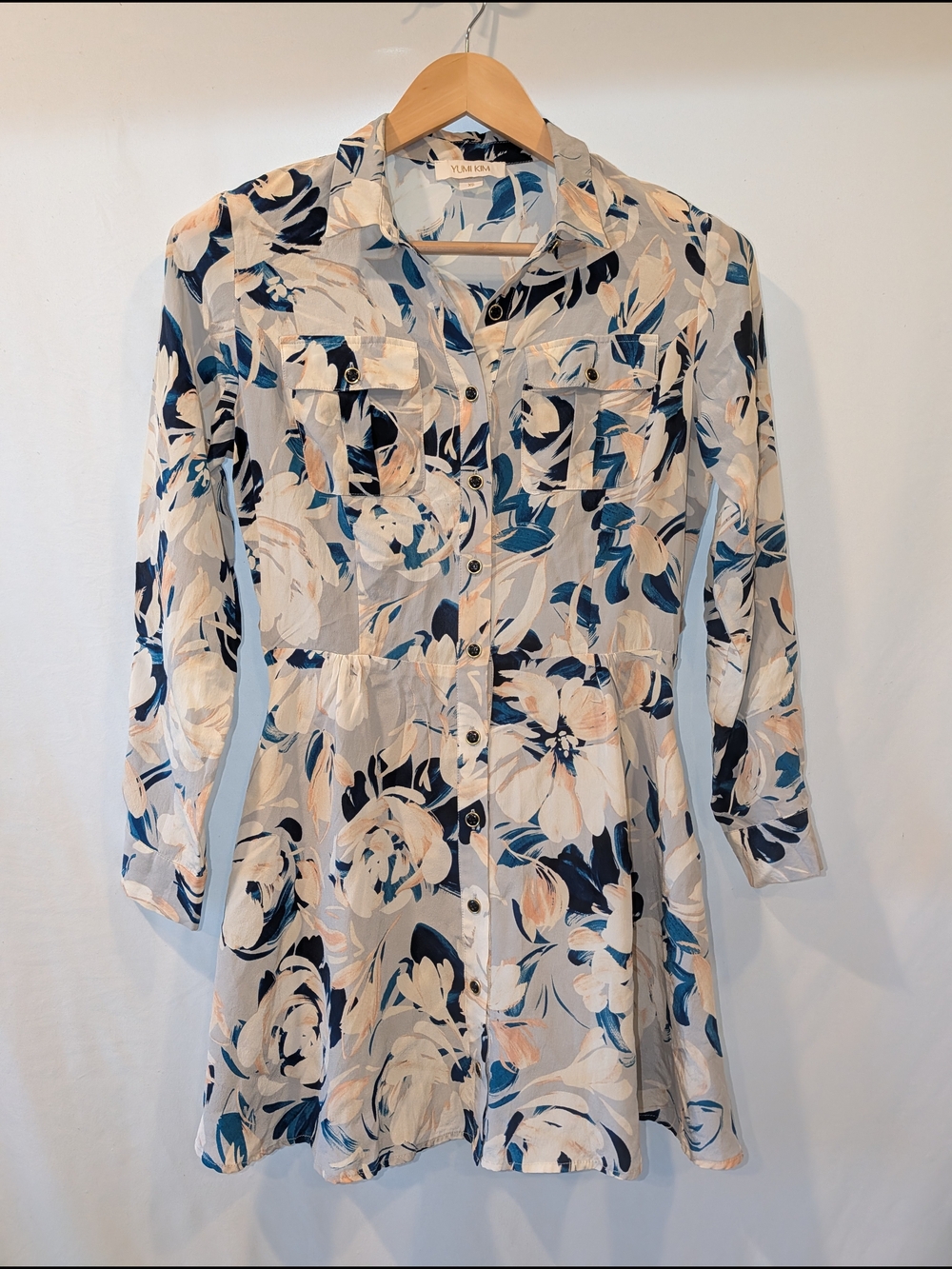 Yumi Kim Floral Silk Mini Button long sleeve shirt Dress Cream, Navy, Peach - Picture 1 of 8